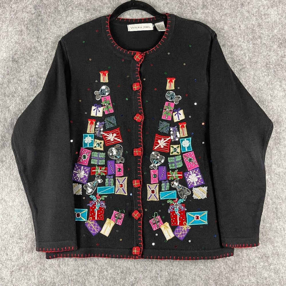VTG Victoria Jones Ugly Christmas Sweater Cardigan Womens Medium Beaded Sequin
